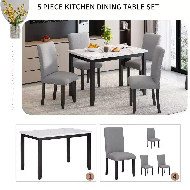 5-Piece Dining Table Set Dining Set with Faux Marble Dining Table, 4 Thicken Cushion Dining Chairs, Gray/White-ModernLuxe