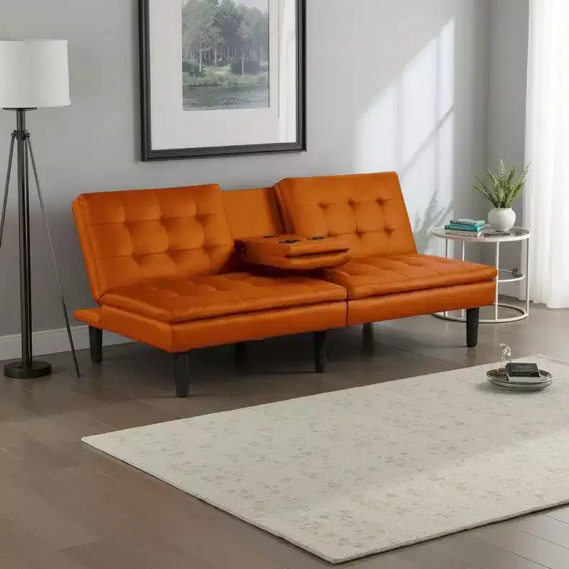 Royal Hampton Futon Sofa Bed, Drop-Down Tray, Cupholders, Orange Faux Leather