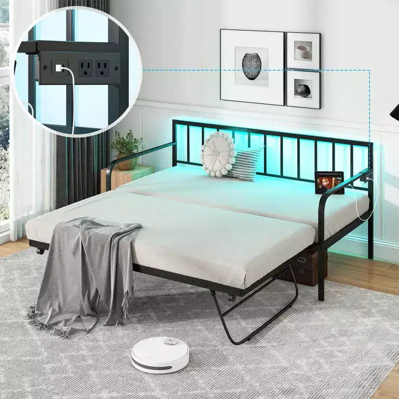 Twin Daybed Adjustable Sofa Bed Frame with Charging Station & LED Lights, Multi-Function