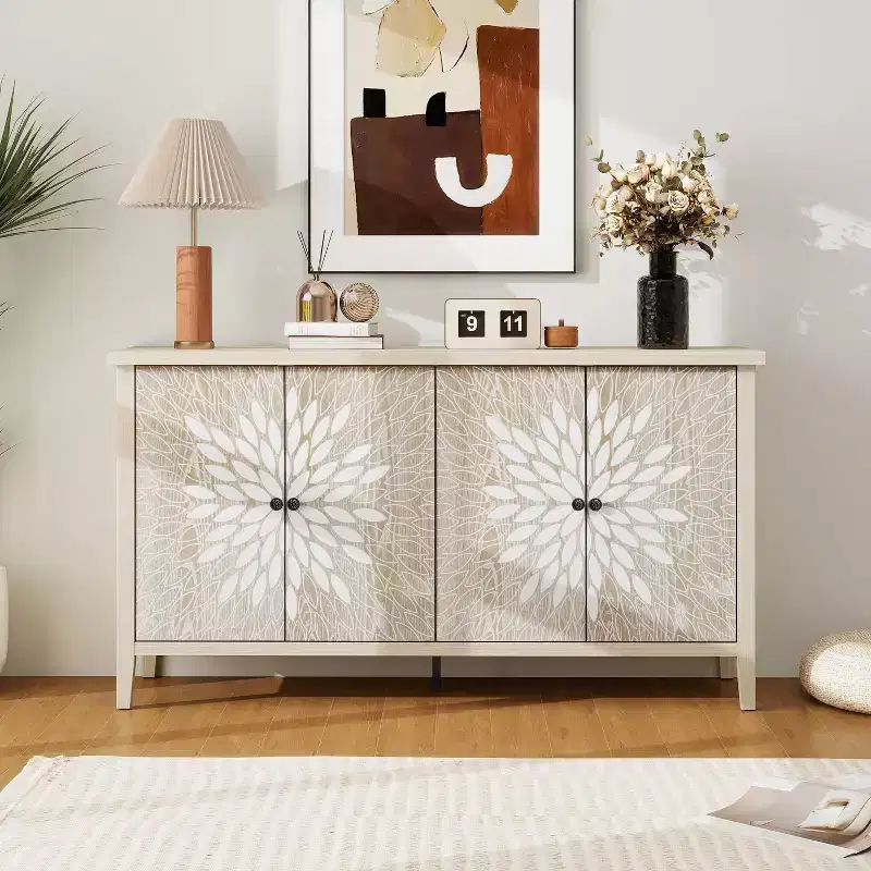 Modern Accent Cabinet, Sideboard with Four Carved Patterns Doors, Storage Cabinet for Kitchen, Dining Room, Entryway