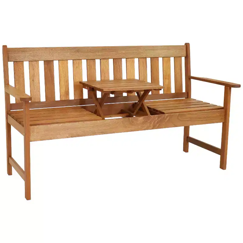 Sunnydaze Outdoor Meranti Wood with Teak Oil Finish 2-Person Bench Seat with Pop-Up Table - 60 - Brown