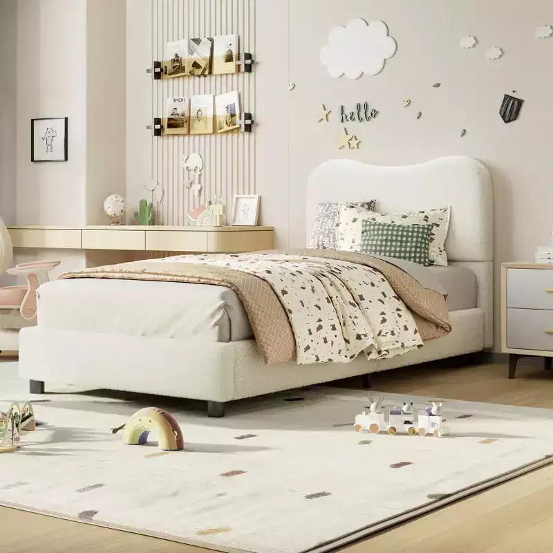 Upholstered children's bed frame, low platform design, sturdy wooden slats, no spring mattress required, quiet, and easy to assemble.