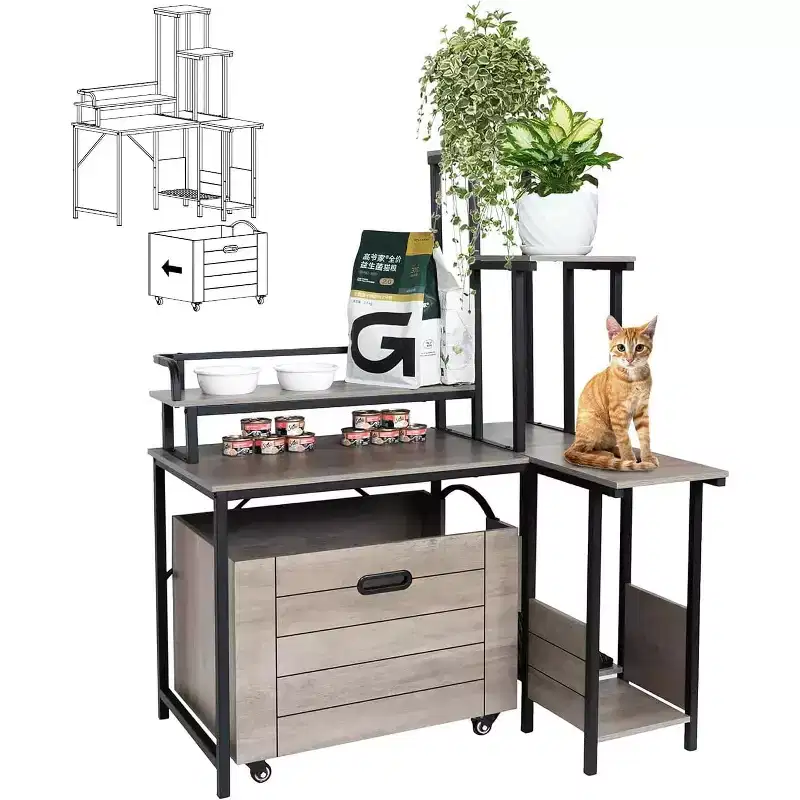 6-Shelf Cat Litter Box Enclosure with Pull-Out Tray & Mat - Hidden Wooden Litter Furniture for Corner Placement