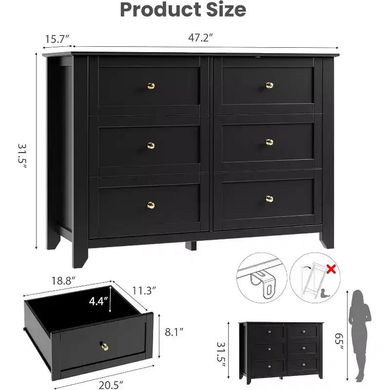 Large Modern Black 6-Drawer Wood Dresser, Deep Drawers & Metal Knobs for Bedroom, Entryway, Hallway