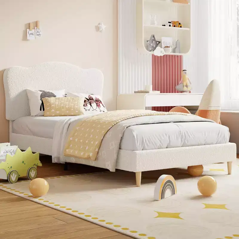 Full Size Upholstered Bed Frame for Kids, Dreamy Fleece Girls Bed with Scallop Headboard, Wooden Slats Support, No Box Spring Needed