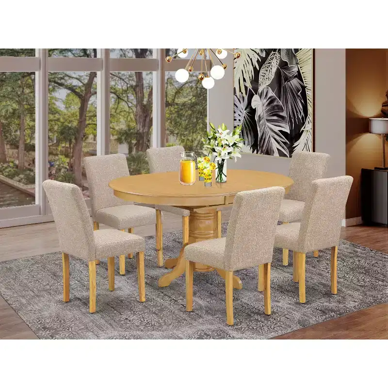 HomeStock Belmont 7Pc Oval 42/60 Dinette Table With 18 In Butterfly Leaf And 6 Parson Chair With Oak Leg And Linen Fabric Light Fawn