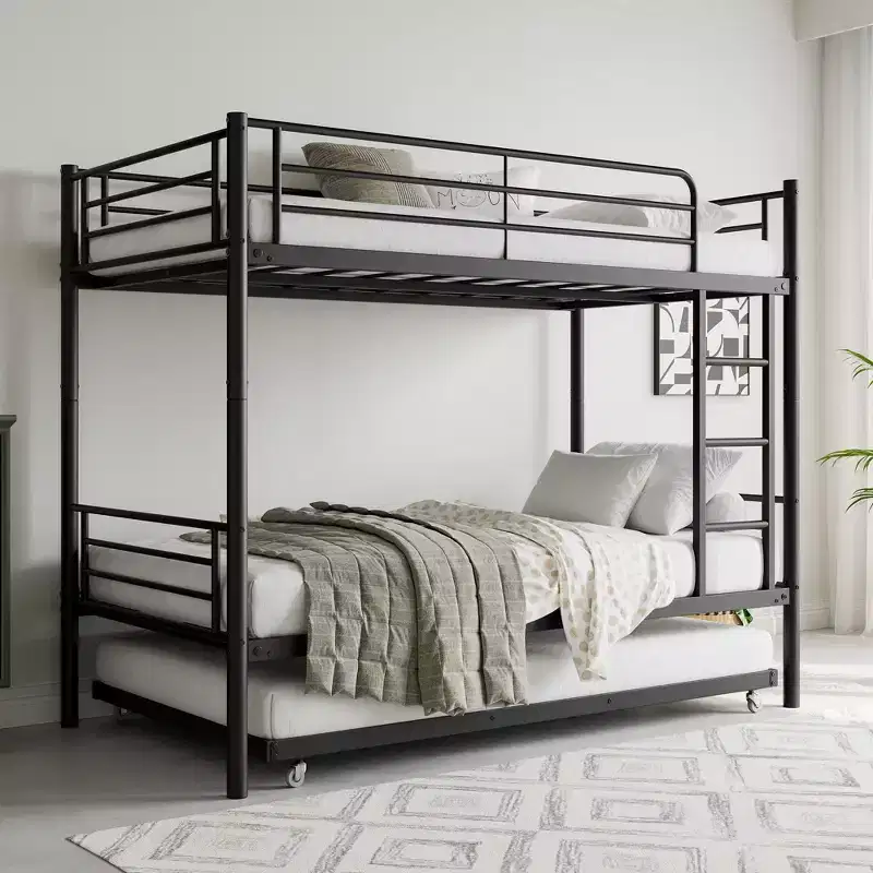MAYEERTY Twin Size Black Metal Bunk Bed with Trundle Ladder Full Length Guardrail Noise Free No Box Spring Needed