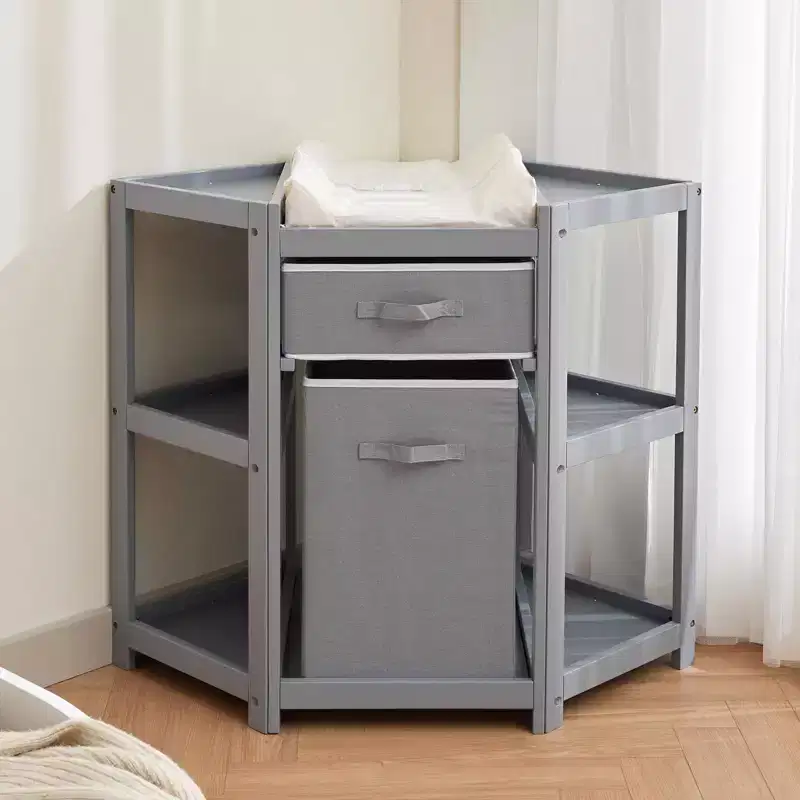 Baby Corner Changing Table C Gray, with Storage Drawer, Changing Pad & Laundry Hamper for Nursery Organization