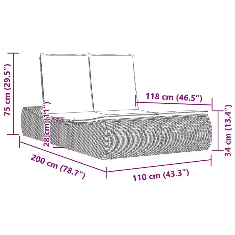 vidaXL Double Sun Lounger with Cushions Poly Rattan