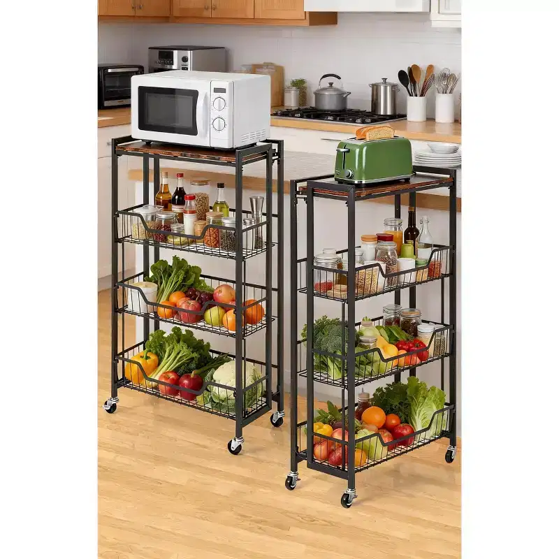 Large 4-Tier Foldable Storage Cart with Lockable Caster - 100Lbs Loading Capacity, Expandable Kitchen Organizer Storage Island, Garage Shelving