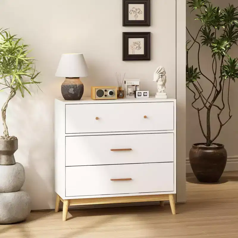 Nordic Style 3-Drawer Storage Cabinet, Modern White Chest with Rose Gold Handles and Solid Wood Base for Office, Kids Room or Nursery