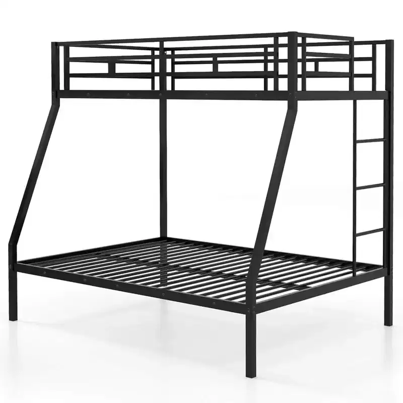 Costway Twin Over Full Metal Bunk Bed with Integrated Ladder Full-length Guardrail Black/White