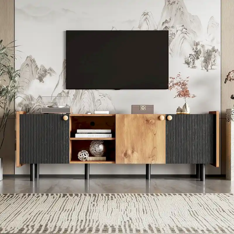 Mid Century TV Stand with 3 Cabinets,Media Console Table for TVs up to 70,Entertainment Center with Storage for Living room