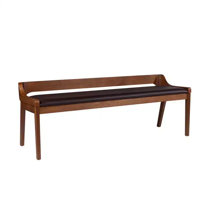 60 Inch Chestnut Dining Bench - Acacia Wood, Faux Leather Seat, Seats Two