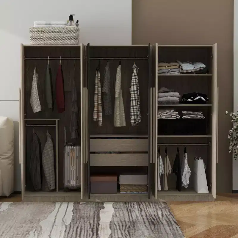 83W 6 Door Wardrobe Clothing Armoire Closet Storage Cabinet with 2 Drawers, Hanging Rails and Storage Shelves, Black+Natural-ModernLuxe