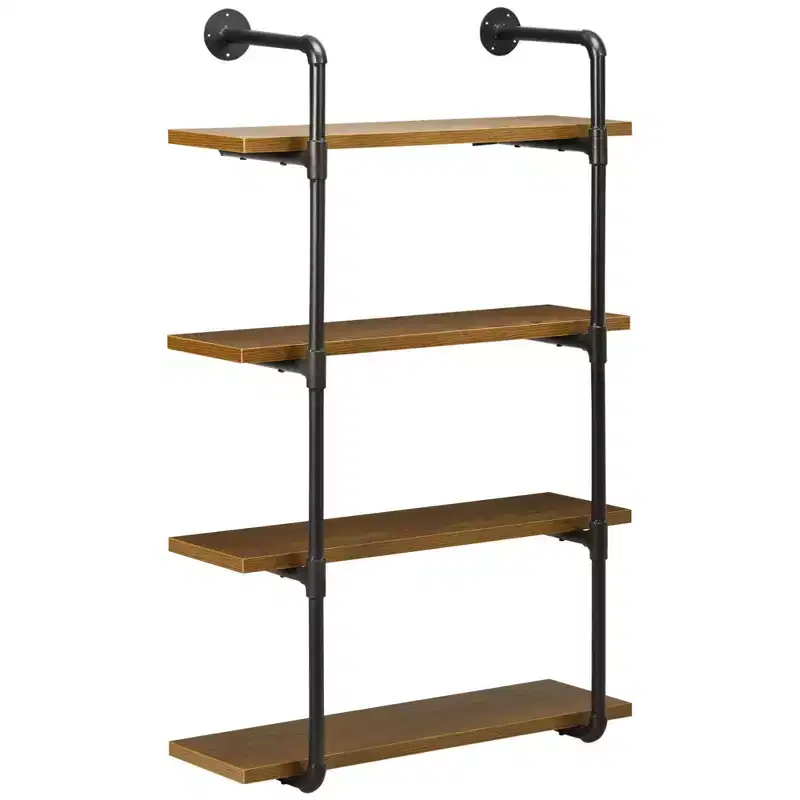 HOMCOM 4-Tier Industrial Pipe Shelves Floating Wall Mounted Bookshelf, Metal Frame Display Rack, 1 Thickness Shelving Unit Kitchen, Bar, Brown