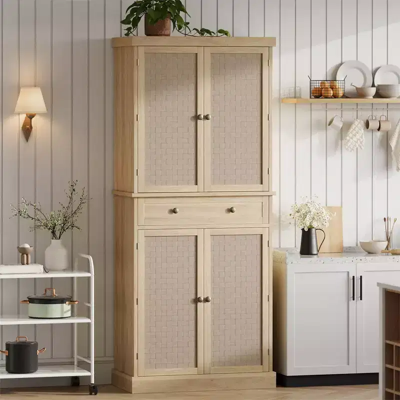Pantry Cabinet, Kitchen Storage Cabinets with Doors and Shelves, 72 Tall Farmhouse Rattan Pantries with Drawers for Dining Room, Living Room