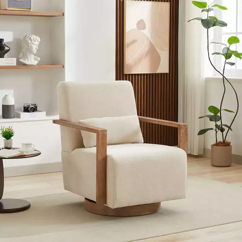 30.31W Modern Swivel Upholstered Accent Chair with Solid Wood Armrests, 360 Degrees Lounge Reading Chair