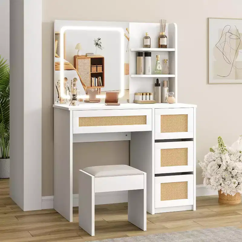 Rattan Makeup Vanity Desk with Mirror & Adjustable LED Light, Large Storage Vanity with 4 Drawers and 2-Tier Open Shelves for Bedroom, White
