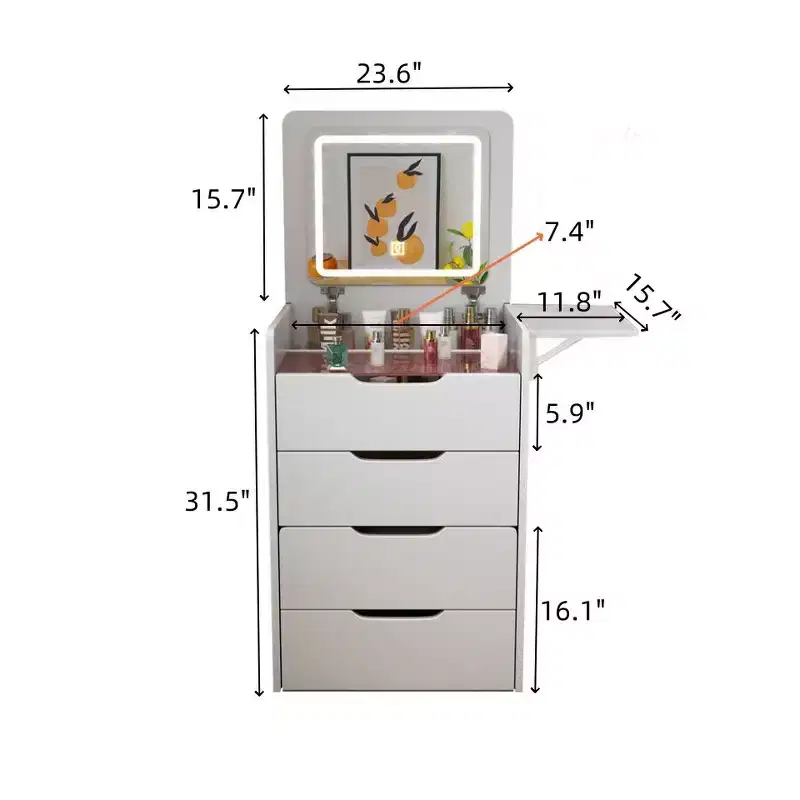 Okak Vanity Table and Chair Set with Mirror, 3 in 1 Vanity Desk with Plip Top Mirror, Small Make Up Vanity Set with Visible Glass Desktop