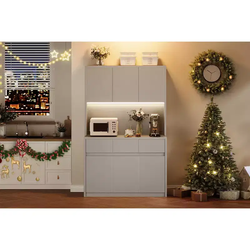 71 Kitchen Pantry Storage Cabinet with LED Light & Outlet, Kitchen Hutch with Microwave Shelf , Drawer & Adjustable Shelf, for Dining Room