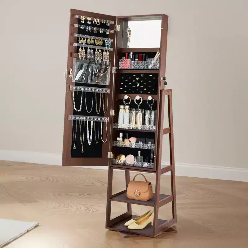 VEVOR 360 Swivel Jewelry Cabinet, 61-inch Tall, Full-Length Mirror with Storage, Standing Rotatable Jewelry Armoire Organizer, with 2 Keys, Brown