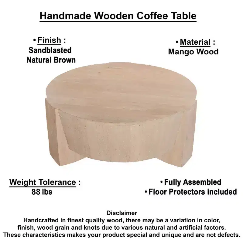 Royal Hampton 35 Inch Round Drum Coffee Table with 3-Leg Base, Sandblasted Mango Wood
