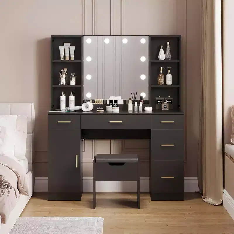 Vanity Desk Table With Mirror and Lights, Power, Large Makeup Vanity With 5 Drawers, 6 Open Shelves, Cabinets, With Stool