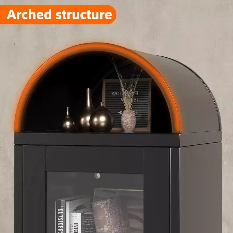 COZONY Freestanding Arched Display Cabinet, Glass Door Shelves Pantry Bookcase for Dining Room Home Office Kitchen