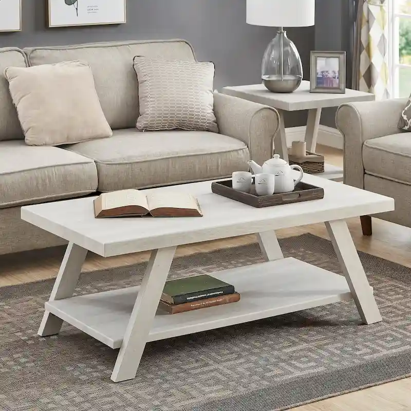 Contemporary White Wood Coffee Table with Bottom Storage Shelf