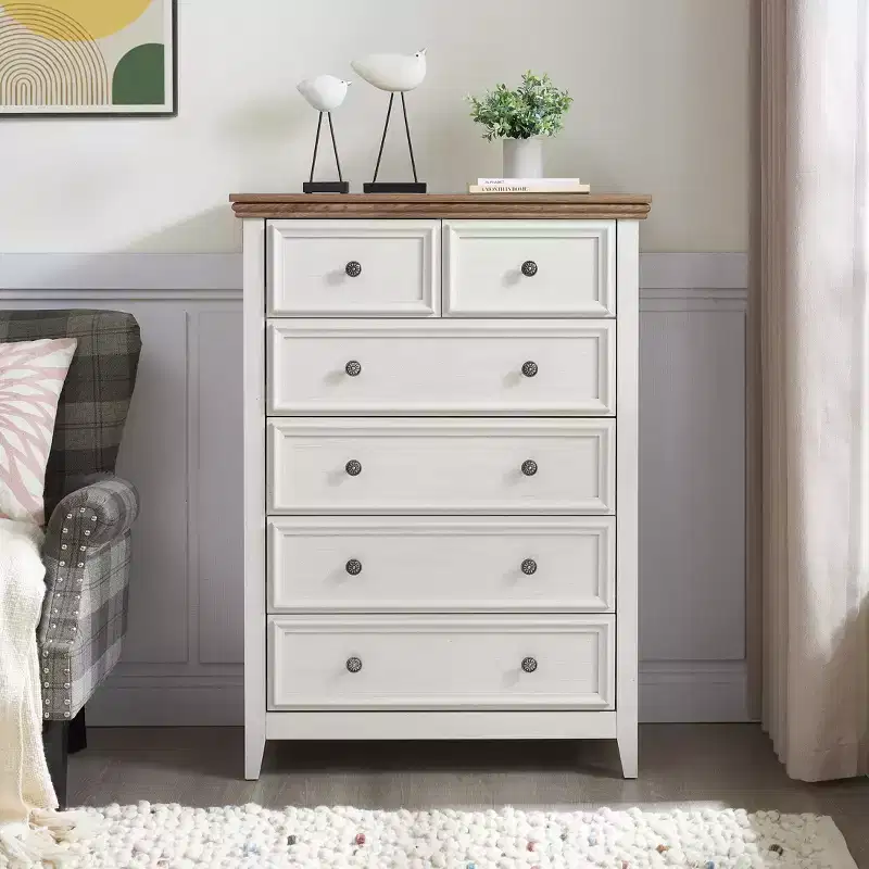 Modern 6-Drawer Dresser with Vintage Carved Handles and Metal Rails for Bedroom Storage