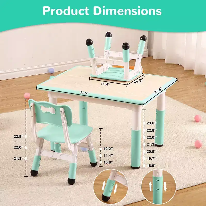Garvee Kids Table and Chairs Set, Height Adjustable Desk With 4 Seats