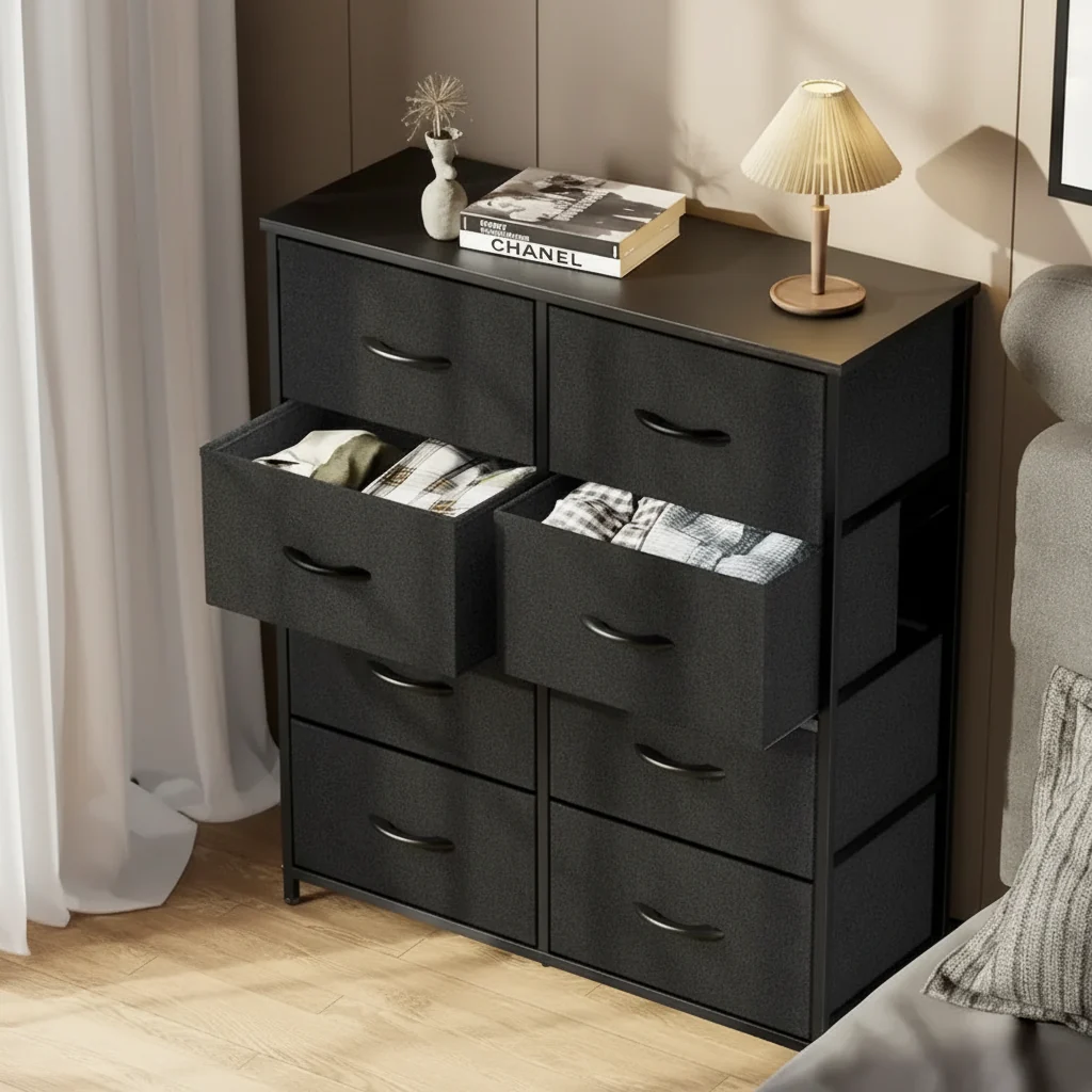 Bedroom Storage with 8 Drawers Tall Dresser & Chest of Drawers Fabric Dresser with Wood Top and Sturdy Steel Frame