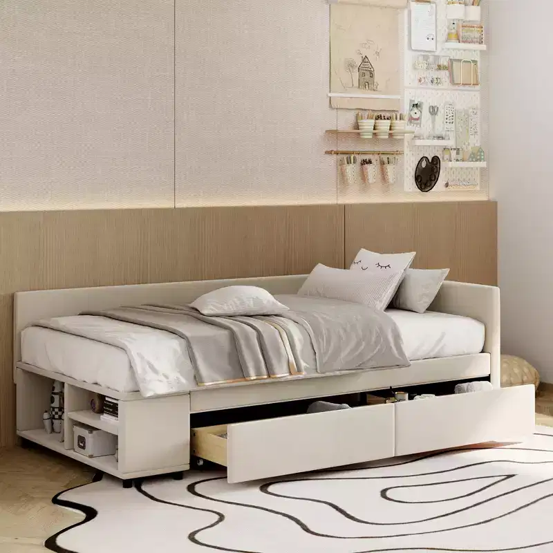 Wood L-Shaped Upholstered Daybed with Side Storage Shelf, Twin Size Velvet Sofa Bed with 2 Drawers for Bedroom