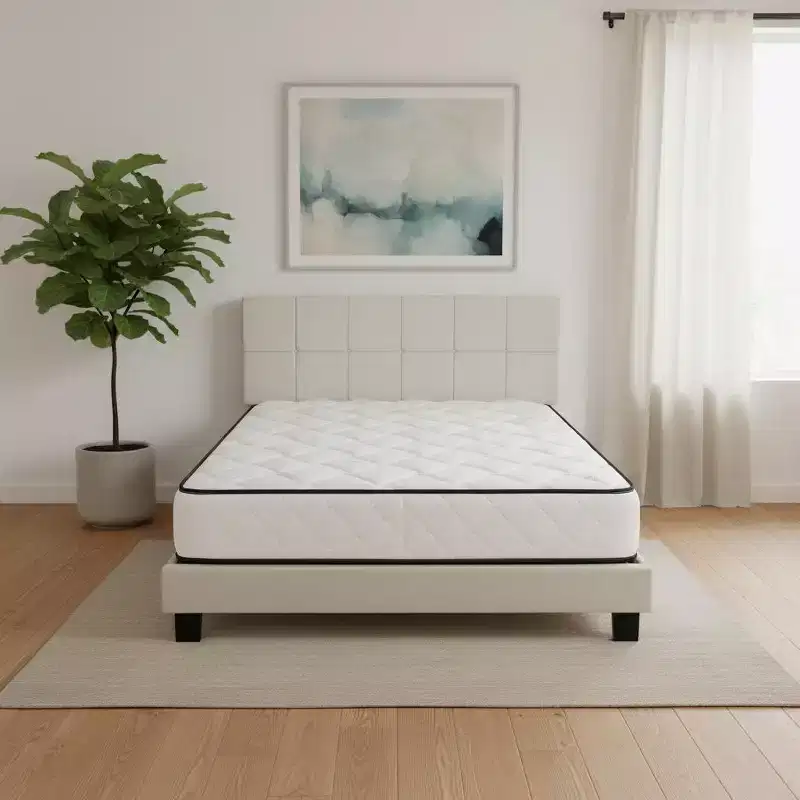 HomeRoots Beige Tufted Linen Queen Bed Frame