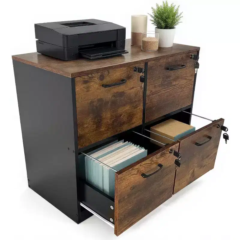 4-Drawer Lockable Wooden File Cabinet, Wooden File Box for Home Office, Vertical Filing Storage Cabinet for A4/Letter Size