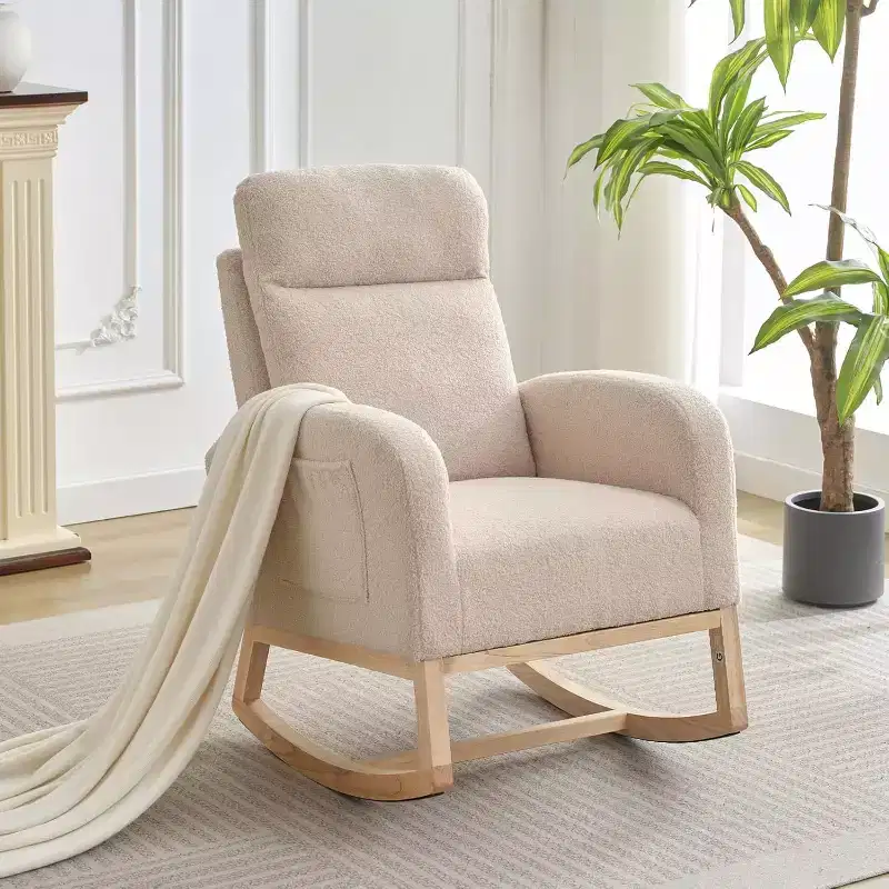 Glider Chairs,Modern Rocking Chair,Rocking Glider Chair for Nursery,Wingback Accent Rocker Chair Upholstered Tall Back Arm Chair w/Side Pockets