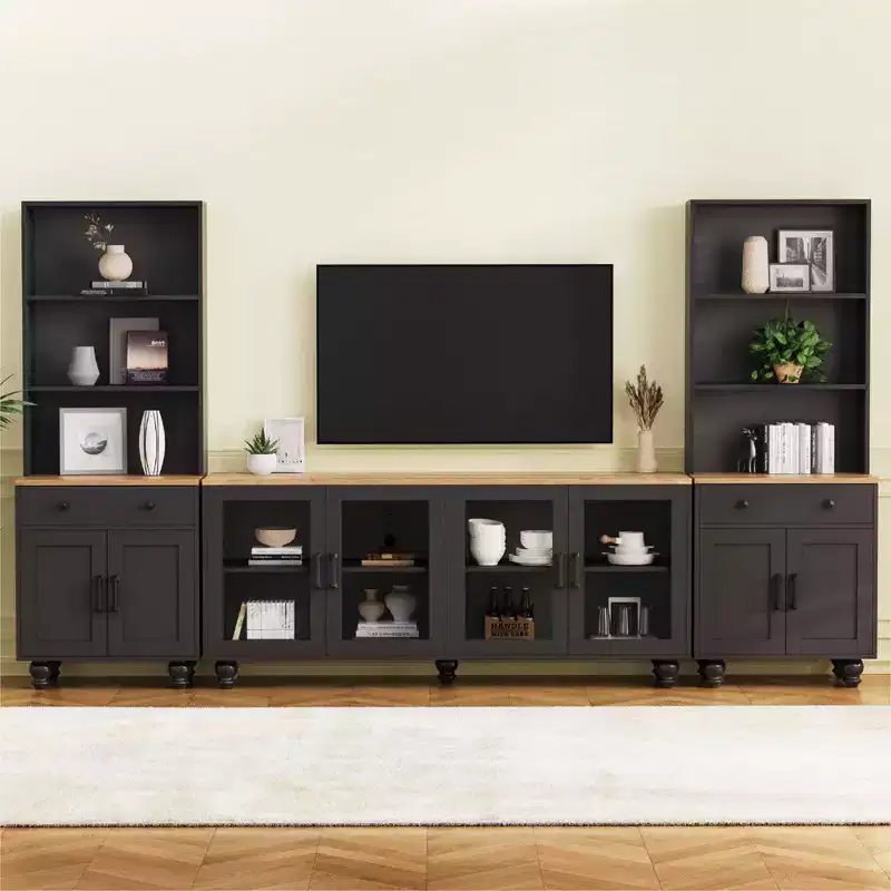 CLIHOME Farmhouse TV Stand for TVs Up to 70, Entertainment Center with Bookshelves & Tempered Glass Doors