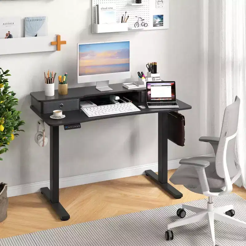48x 24 Electric Standing Desk with 2 Drawers Monitor Stand Storage Shelf Brown/Black/White