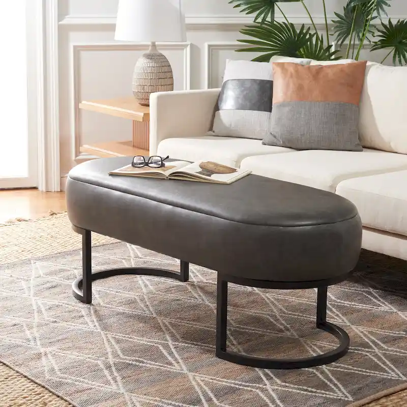 Oval Upholstered Bench in Grey Vegan Leather with Matte Black Base, 50