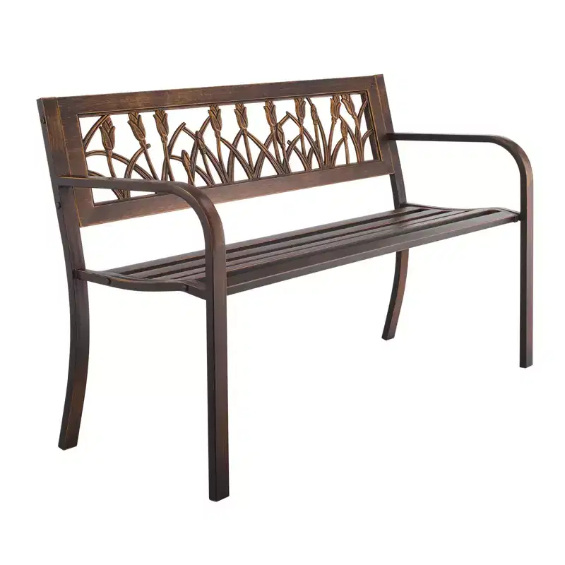 GDFStudio Daiki Modern Steel Patio Bench with PVC Floral Backrest and Round Edge Armrests