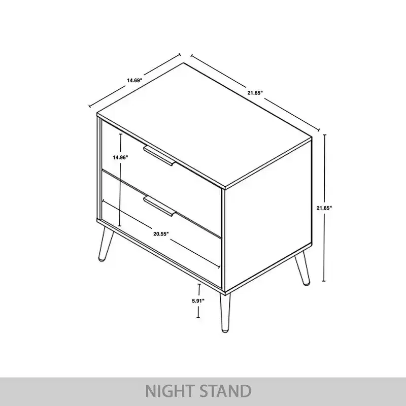 2-Drawer Nightstand with Gold Legs and Handles, Solid Wood