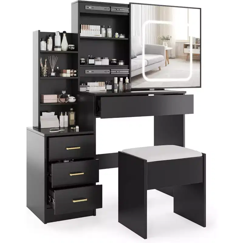 Modern Vanity Desk, Makeup Vanity Desk With Sliding Mirror, Dressing Table With 4 Drawers, Storage Shelves & Stool for Bedroom, Cloakroom
