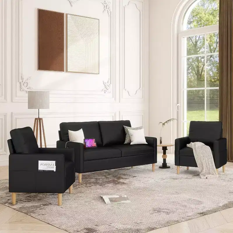 66 Black Faux Leather Loveseat Sofa with USB, Mid-Century Modern Tufted 2-Seater Couch with 2 Chairs for Small Space, Apartment, Dorm