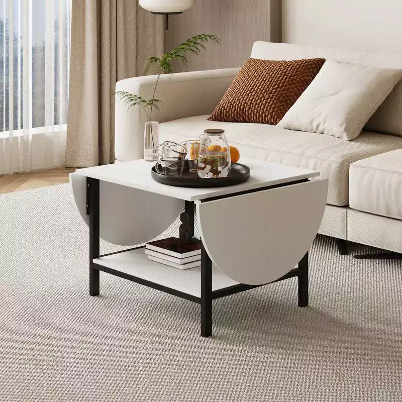 Convertible Coffee Table, Extendable Square to Oval with Storage Shelf, Space-Efficient Living Room