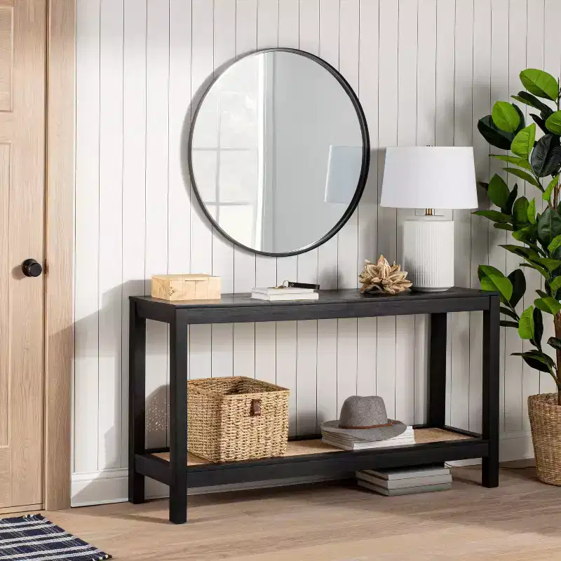 Console Table with Rattan Rattan Shelf Black - Threshold™ designed with Studio McGee