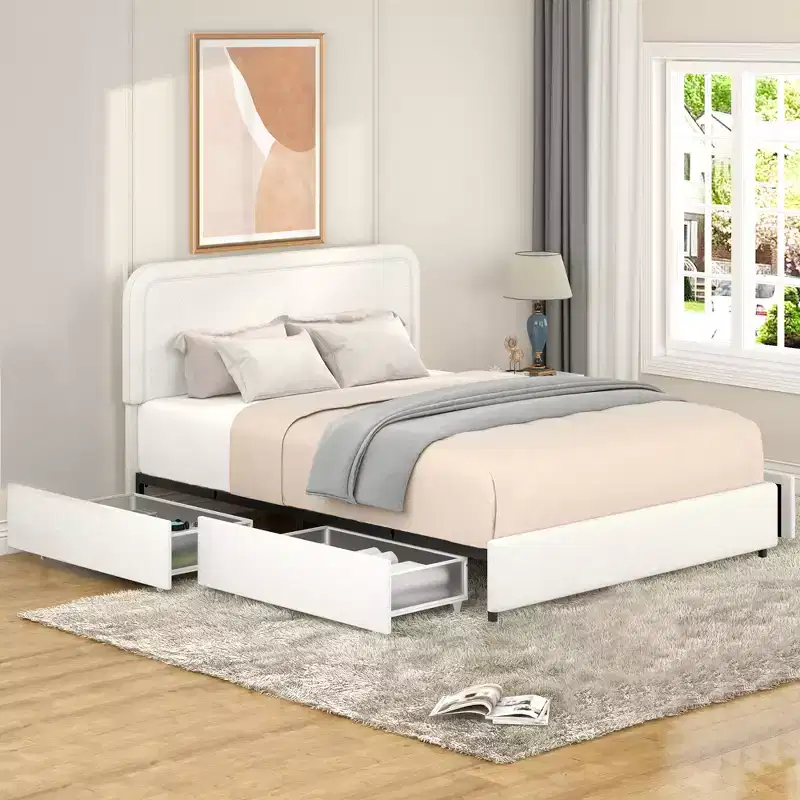 GDFStudio Ross 4-Drawer Storage Upholstered Queen Curved Stitched Bed with Adjustable Headboard Height, Ivory