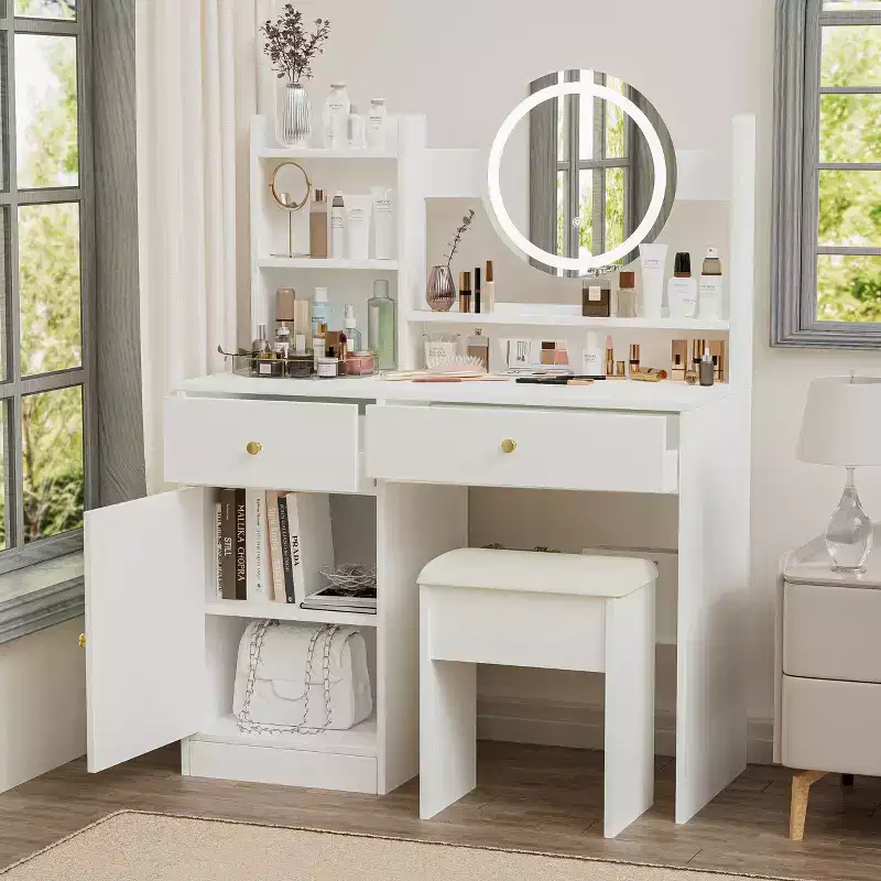Elegent Makeup Vanity with Cushioned Chair, Vanity Table with Round Mirror and Ample Storage, Makeup Desk for Living Room, Bedroom, White