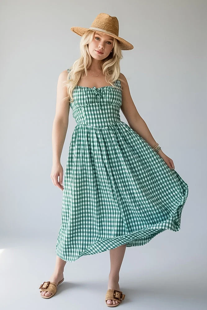 Green Gingham Sweetheart Midi Dress