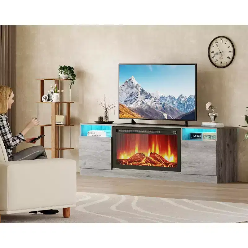70 Black TV Stand for Living Room C Modern Wooden TV Console Table with Storage Cabinet, Fits TVs up to 75, Compatible with 36 Electric Fireplace